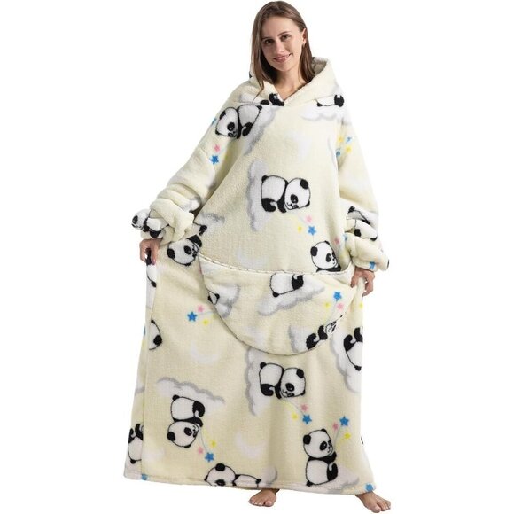 ⭐Sweat White Panda Warm Giant Hoodie Thick Flannel Blanket with Sleeve - Picture 1 of 6